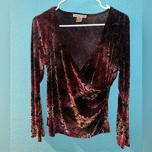 Susan Lawrence Velvet Floral Wrap Blouse - Red and Gold